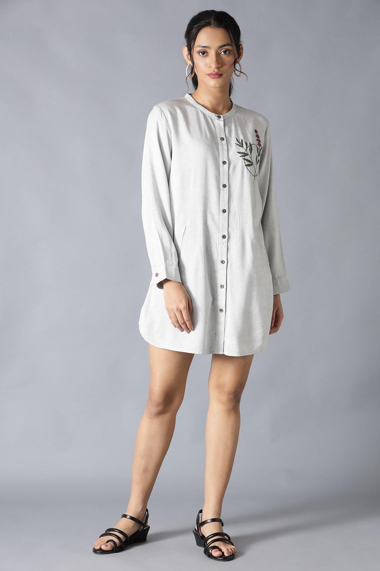 Light Grey Yarn-Dyed Tunic With Thread Embroidery In Mandarin Neck - wforwoman