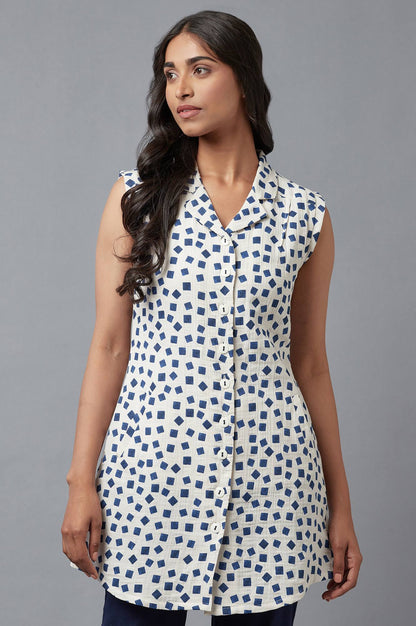 Ecru And Blue Printed Lapel Collar Cotton Tunic