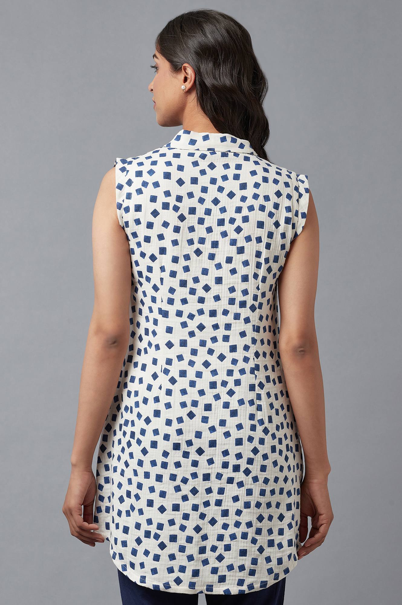 Ecru And Blue Printed Lapel Collar Cotton Tunic