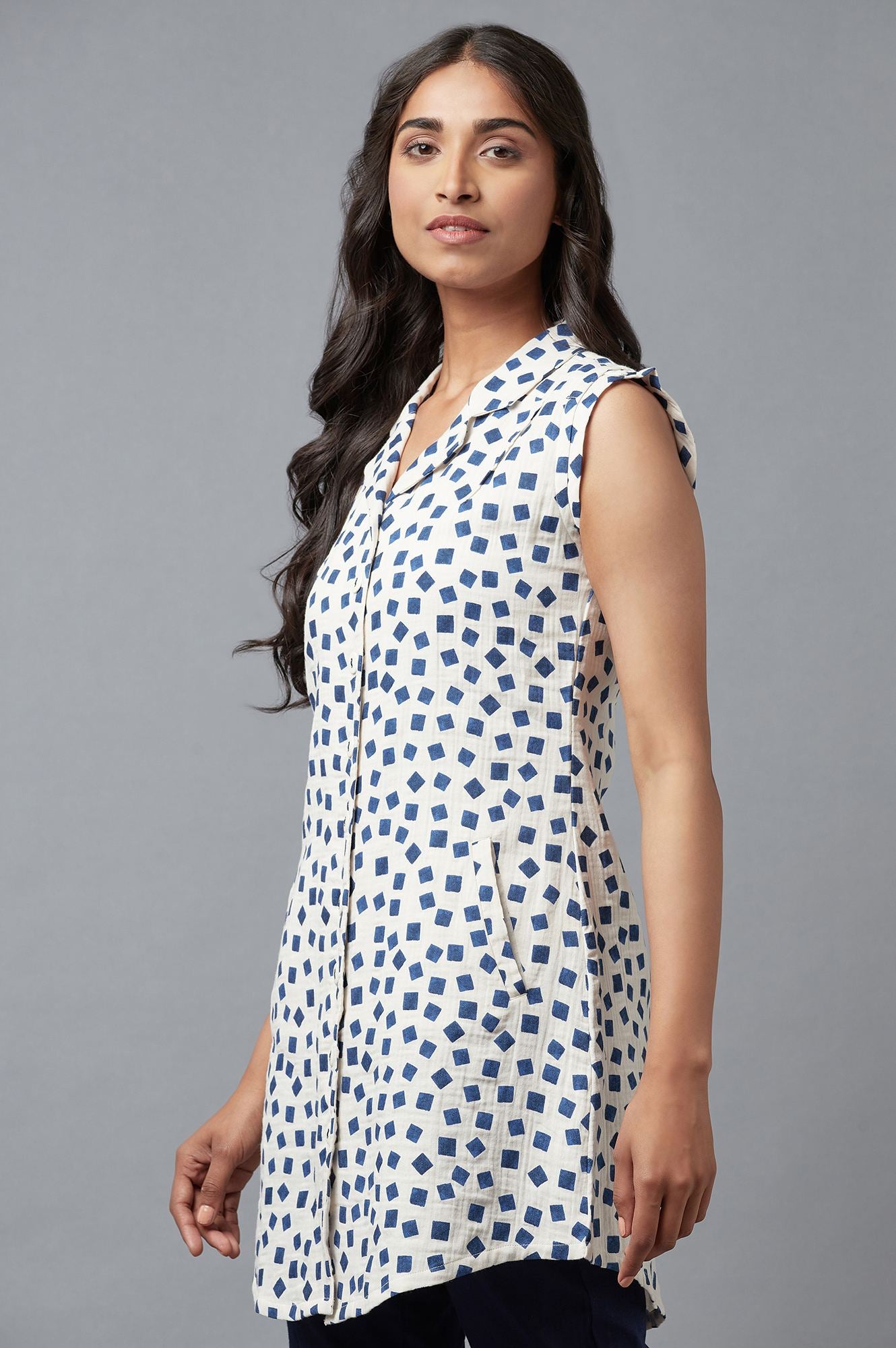 Ecru And Blue Printed Lapel Collar Cotton Tunic