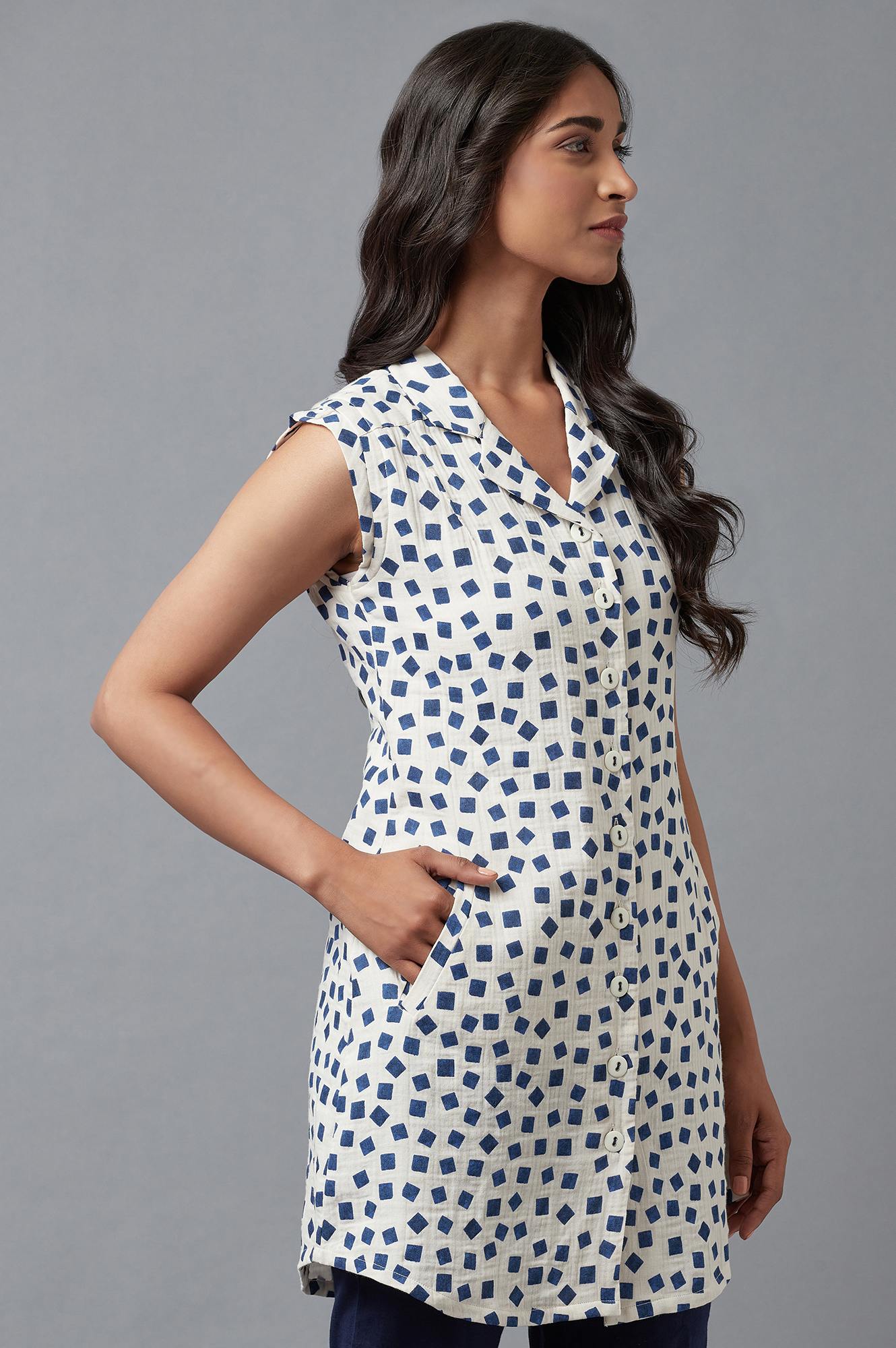 Ecru And Blue Printed Lapel Collar Cotton Tunic