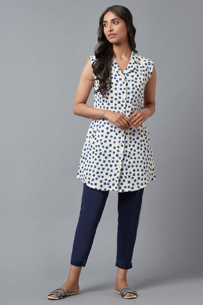 Ecru And Blue Printed Lapel Collar Cotton Tunic