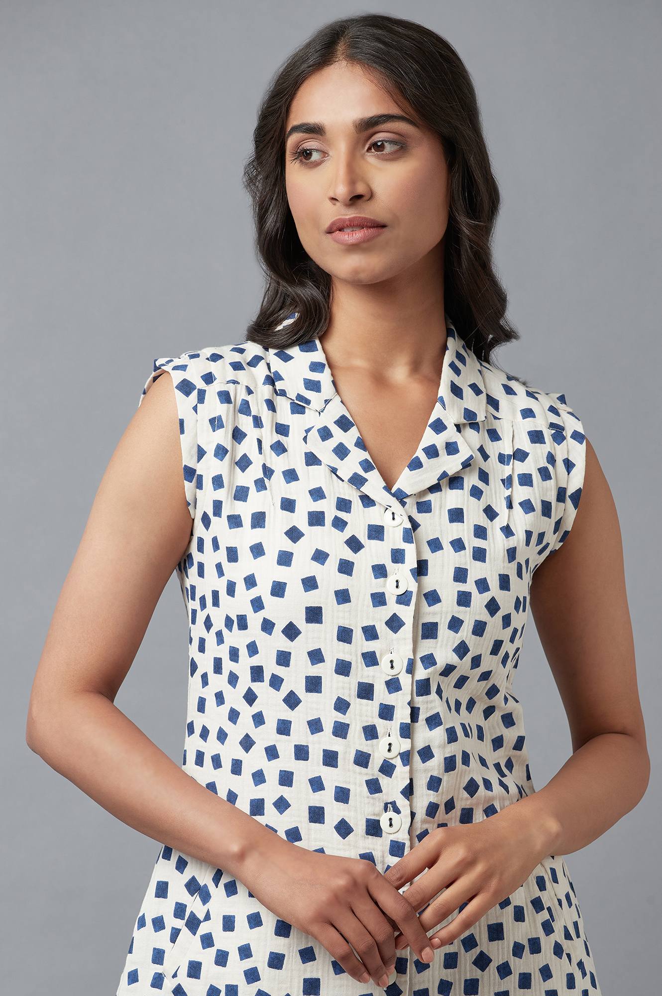 Ecru And Blue Printed Lapel Collar Cotton Tunic