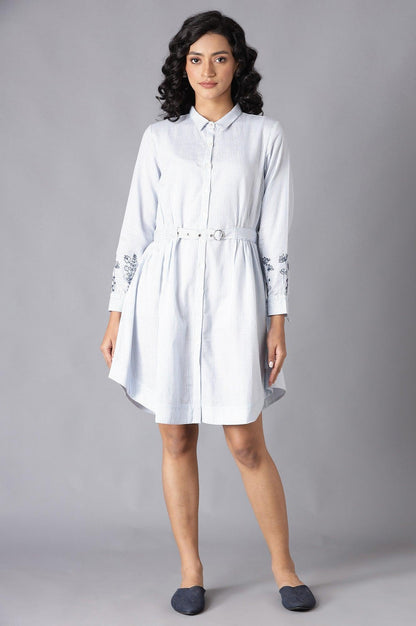 Ecru Stripe Printed Tunic With Belt And Embroidered Sleeves - wforwoman