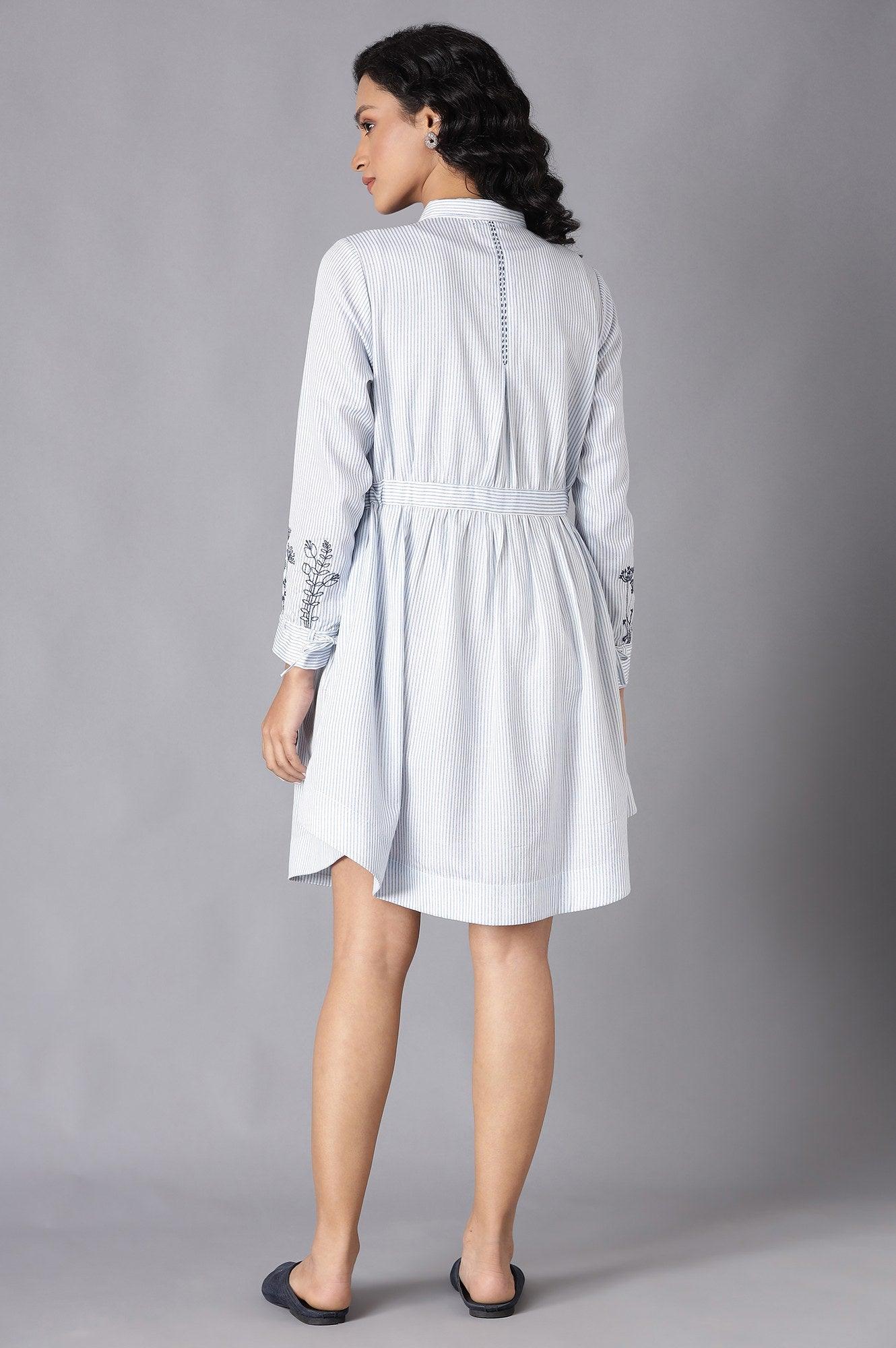 Ecru Stripe Printed Tunic With Belt And Embroidered Sleeves - wforwoman