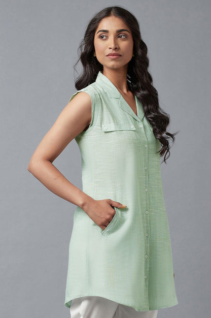 Light Green And Ecru Stripe Print Cotton Sleeveless Tunic - wforwoman