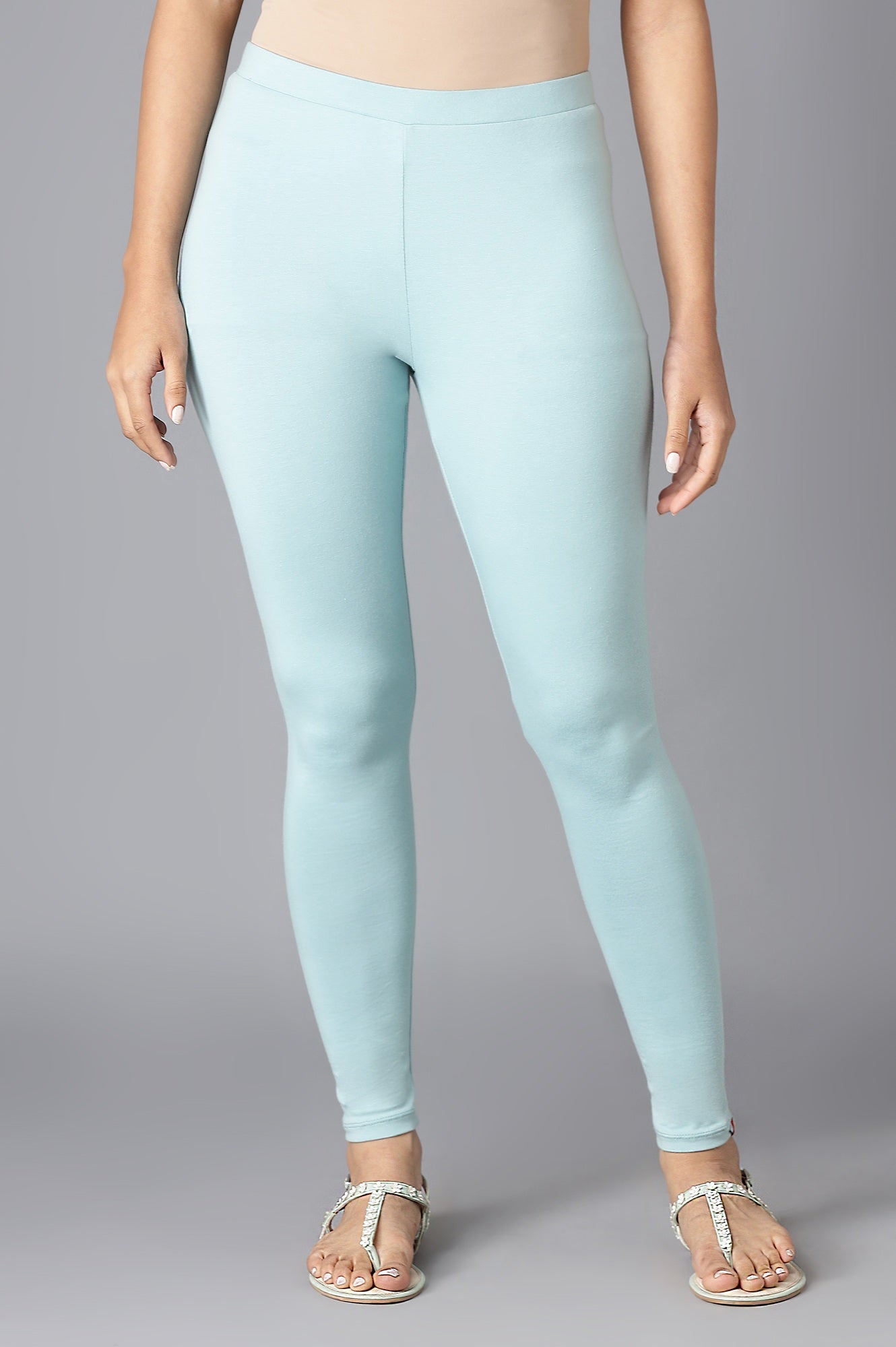 Aqua Blue Solid Cotton Tights