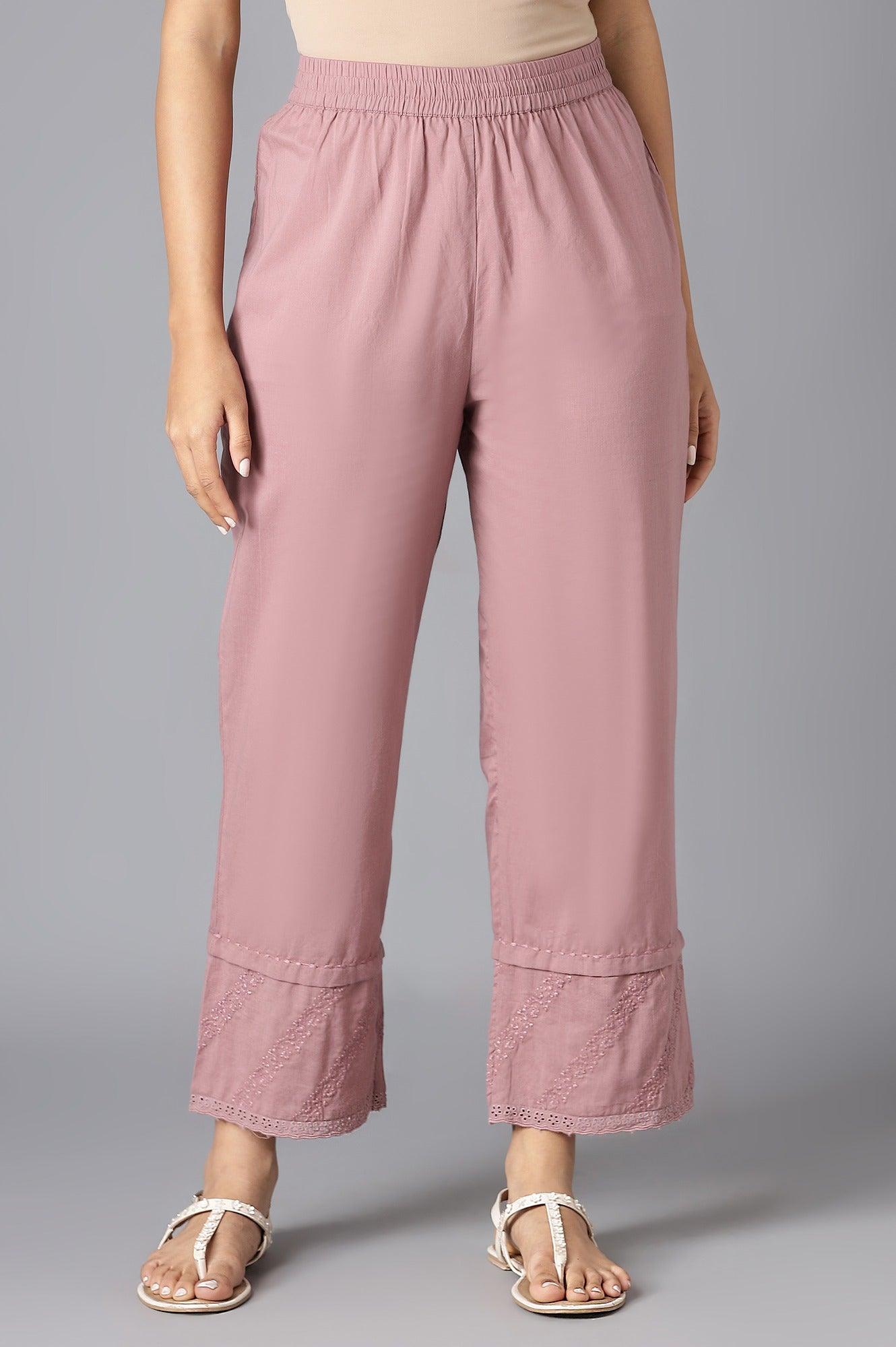 Dark Pink Embroidered Straight Pants - wforwoman