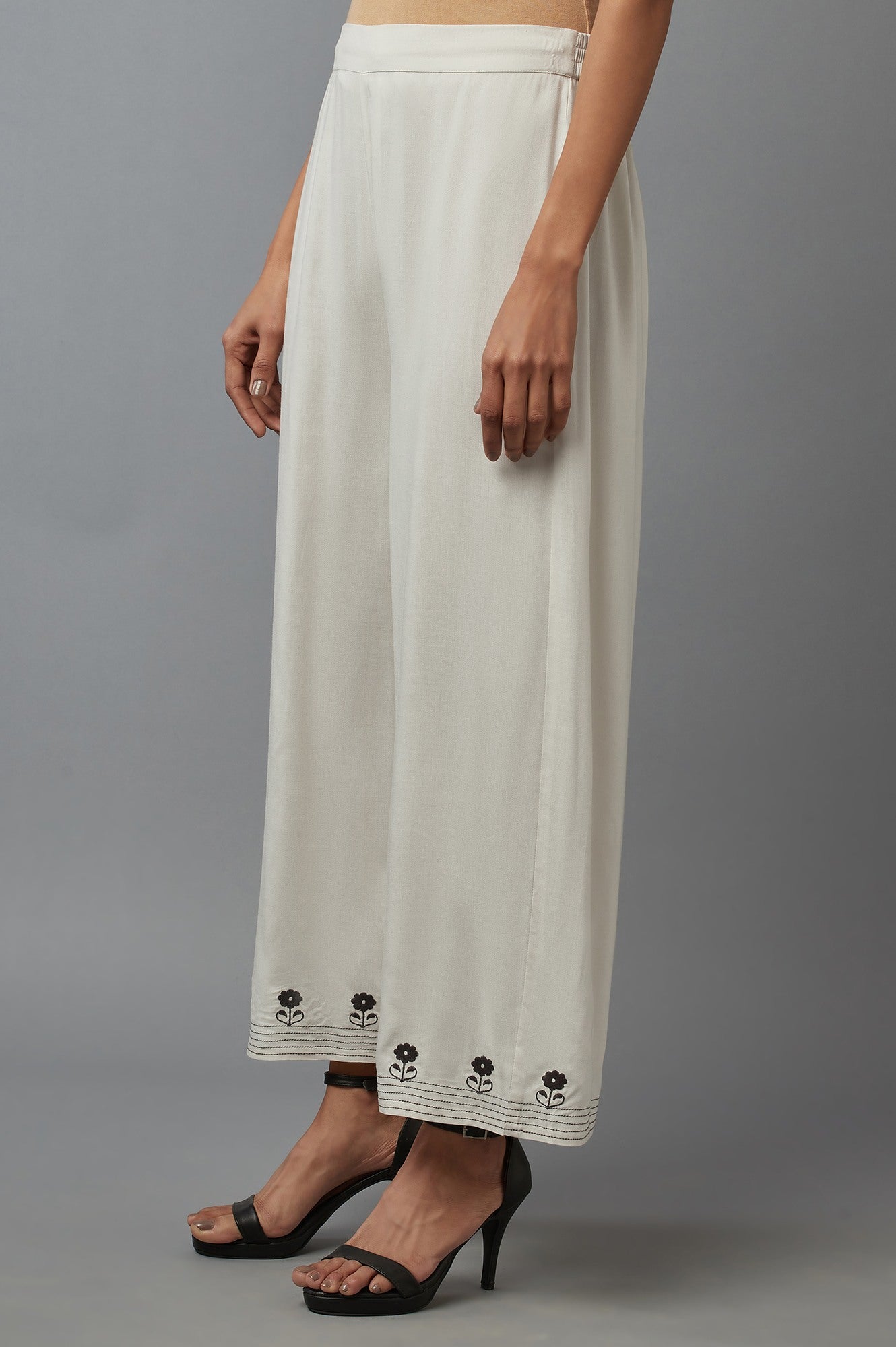 Ecru Embroidered Parallel Pants