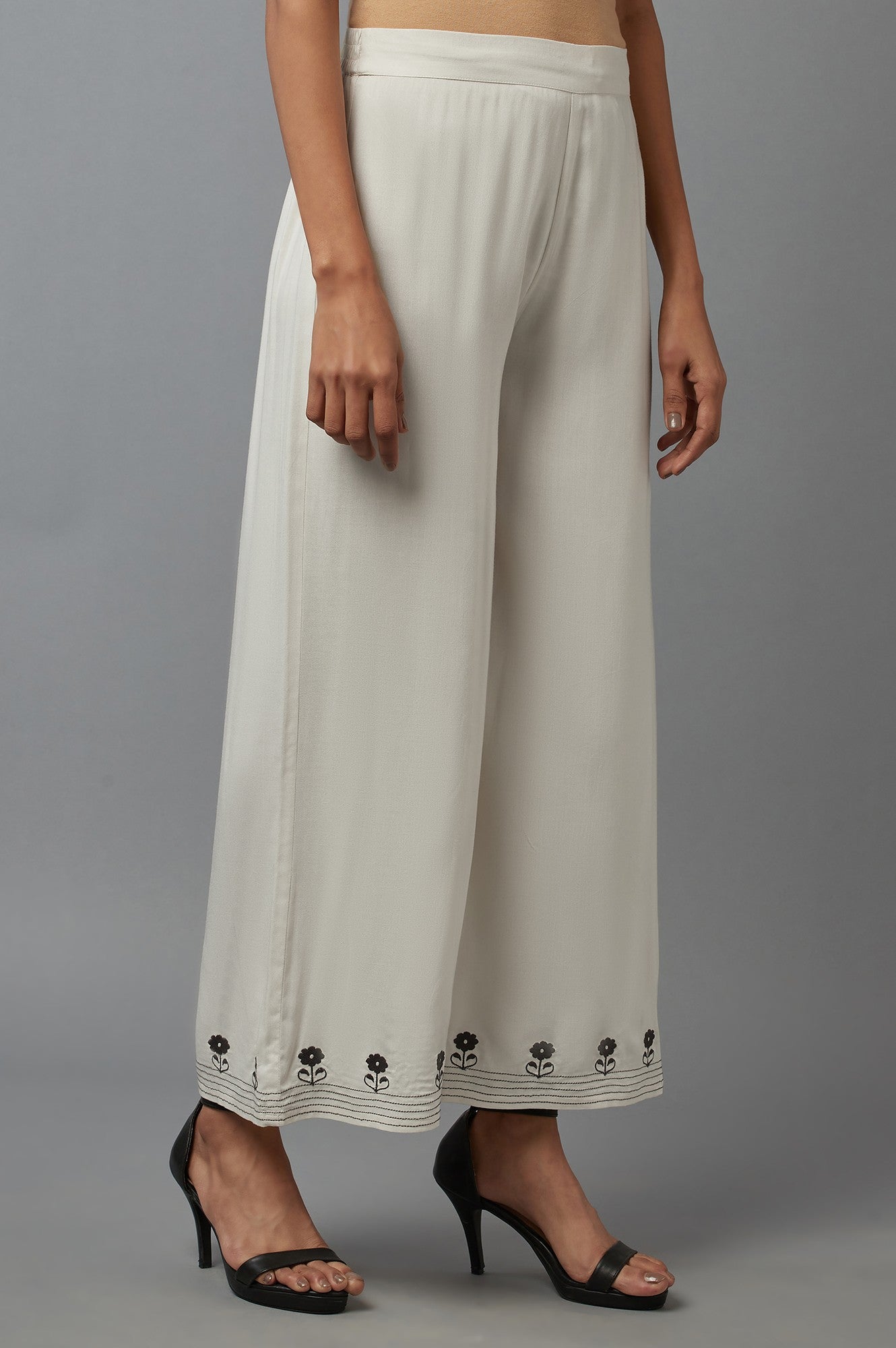 Ecru Embroidered Parallel Pants