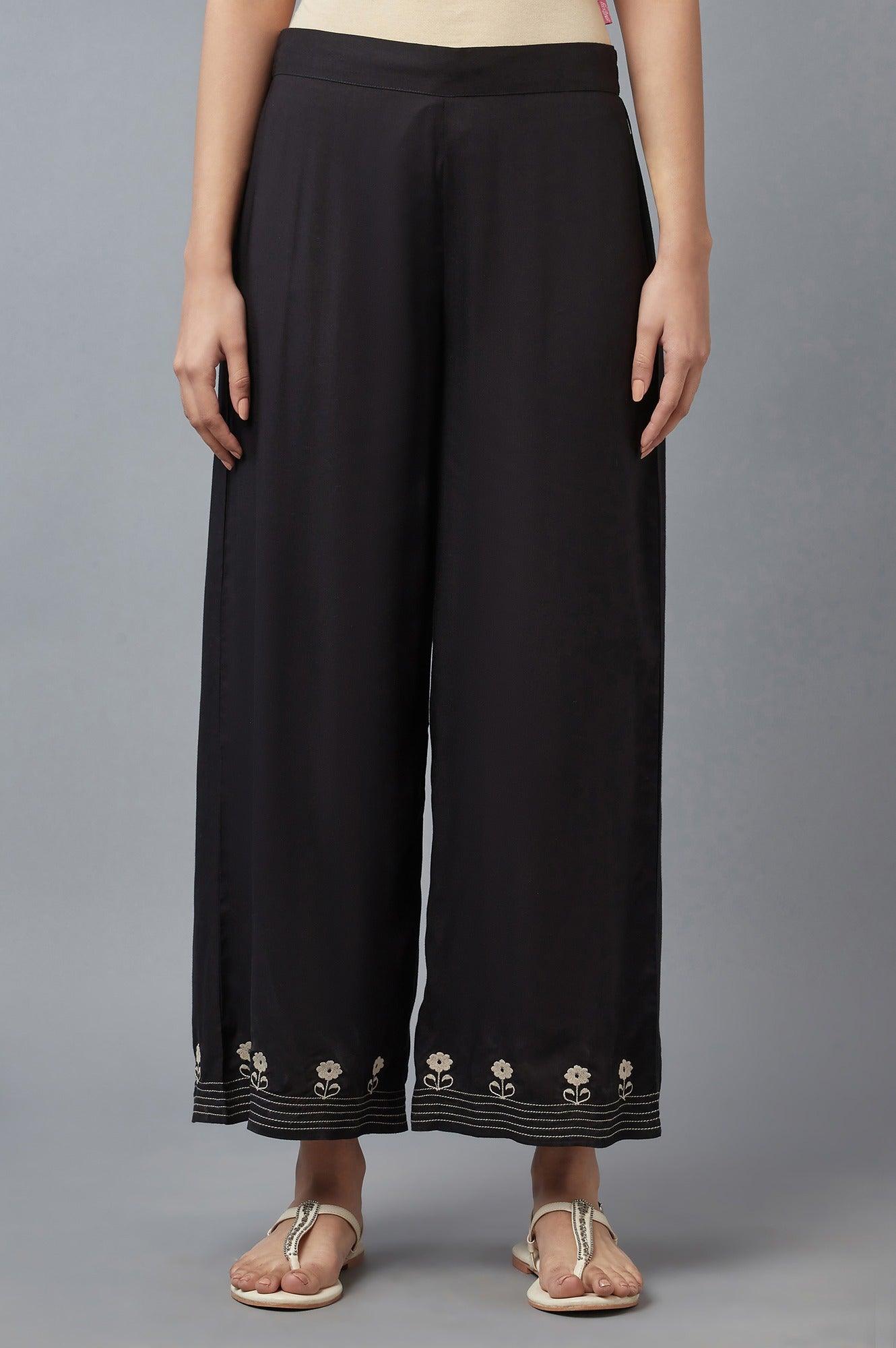 Jet Black Embroidered Parallel Pants - wforwoman
