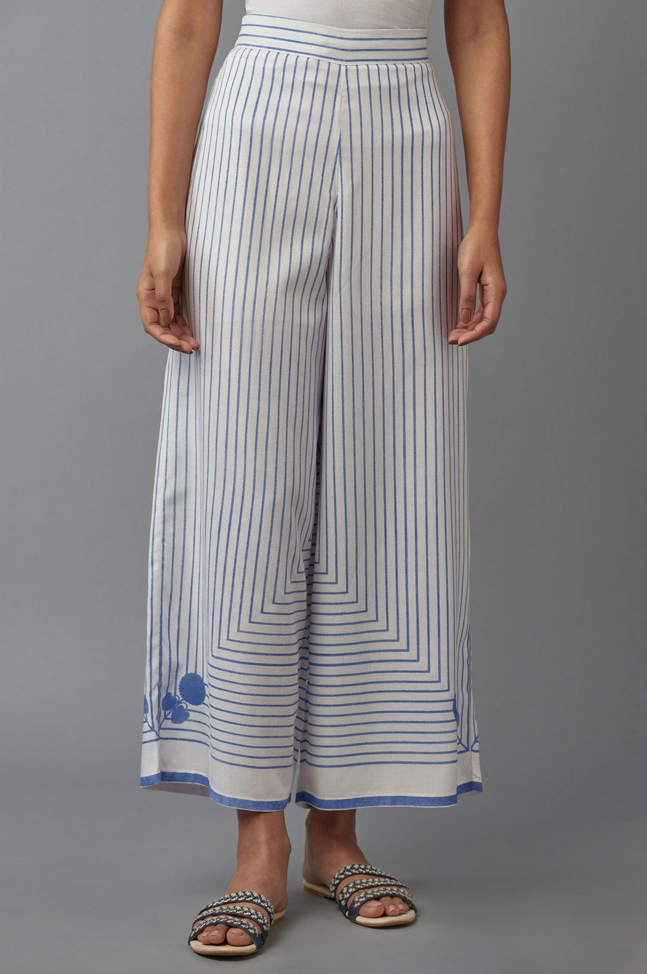 Ecru and Blue Geometric Printed Parallel Pants