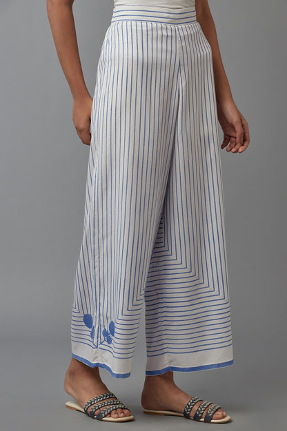 Ecru and Blue Geometric Printed Parallel Pants