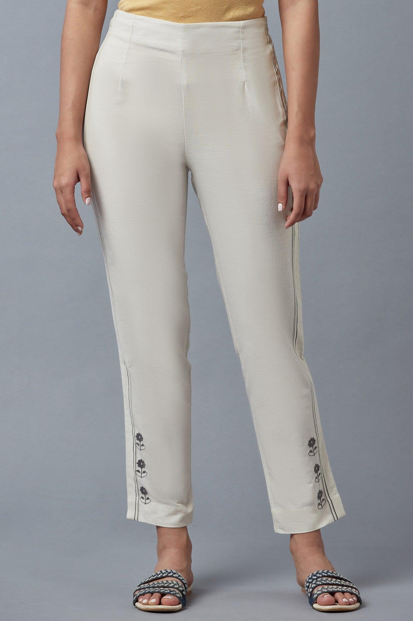 Ecru Embroidered Slim Pants - wforwoman