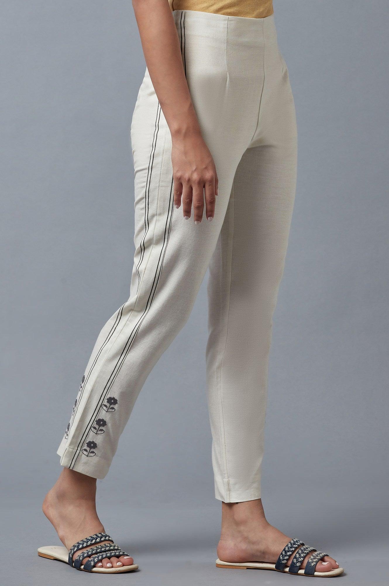 Ecru Embroidered Slim Pants - wforwoman