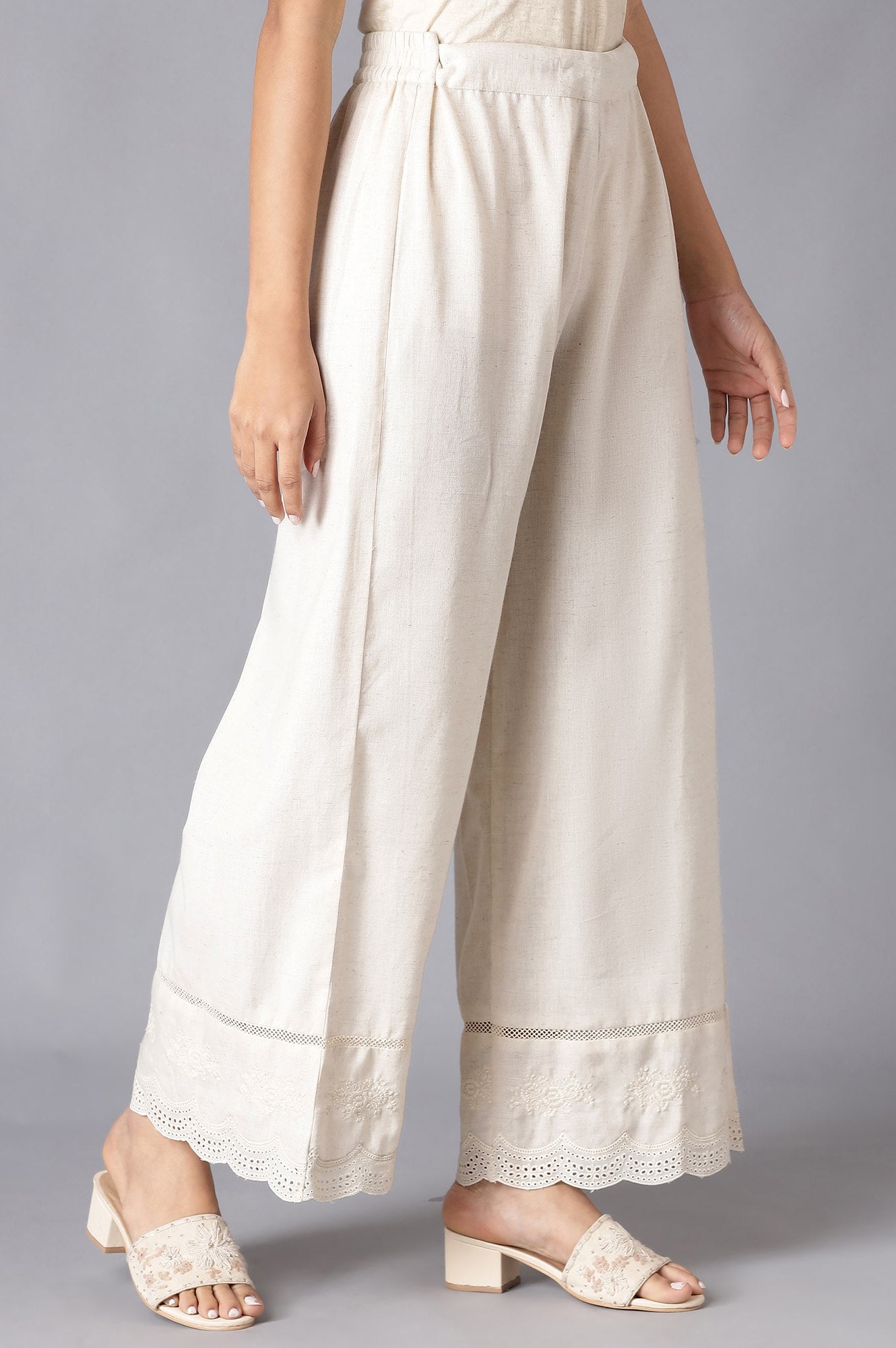 Ecru Parallel Pants With Embroidery Hemline