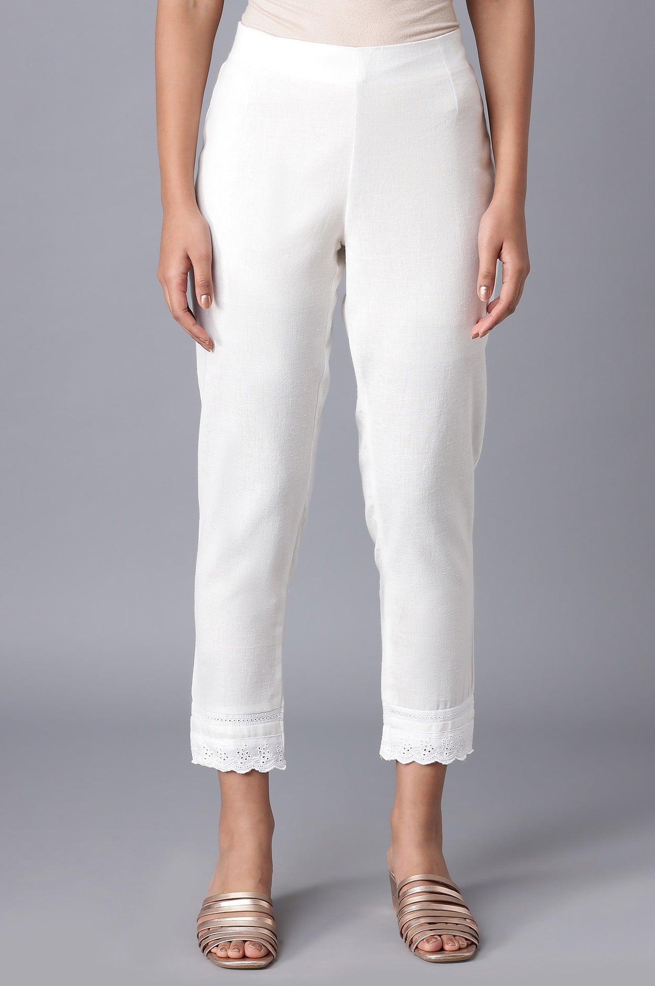 Ecru Slim Pants with Lace