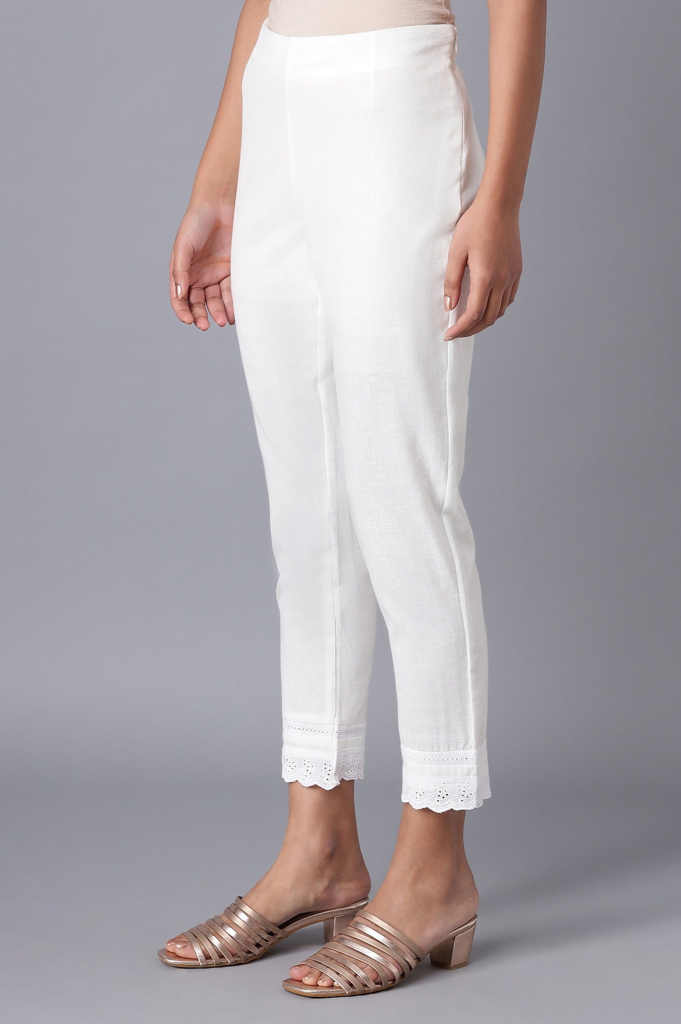 Ecru Slim Pants with Lace