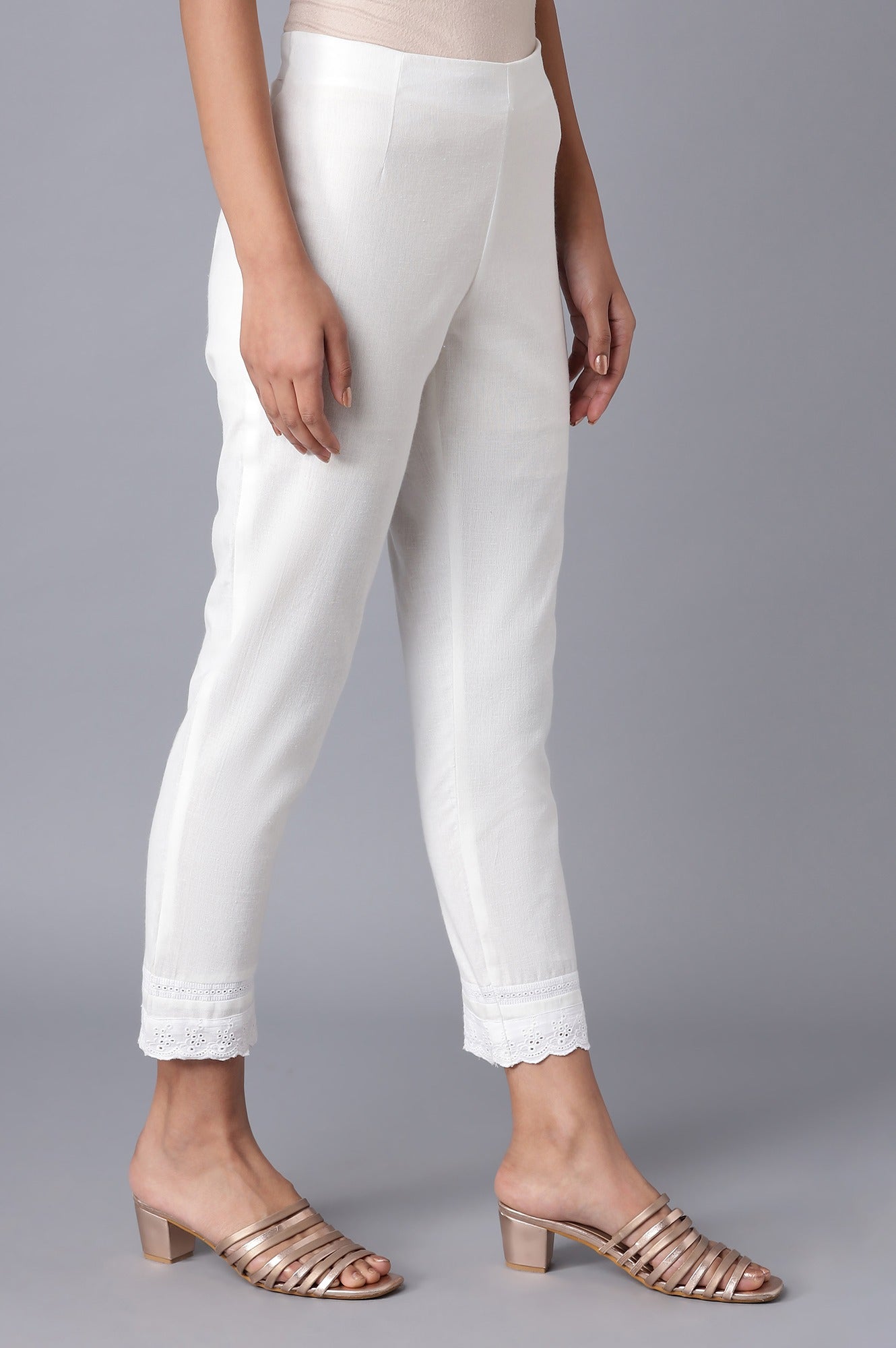 Ecru Slim Pants with Lace