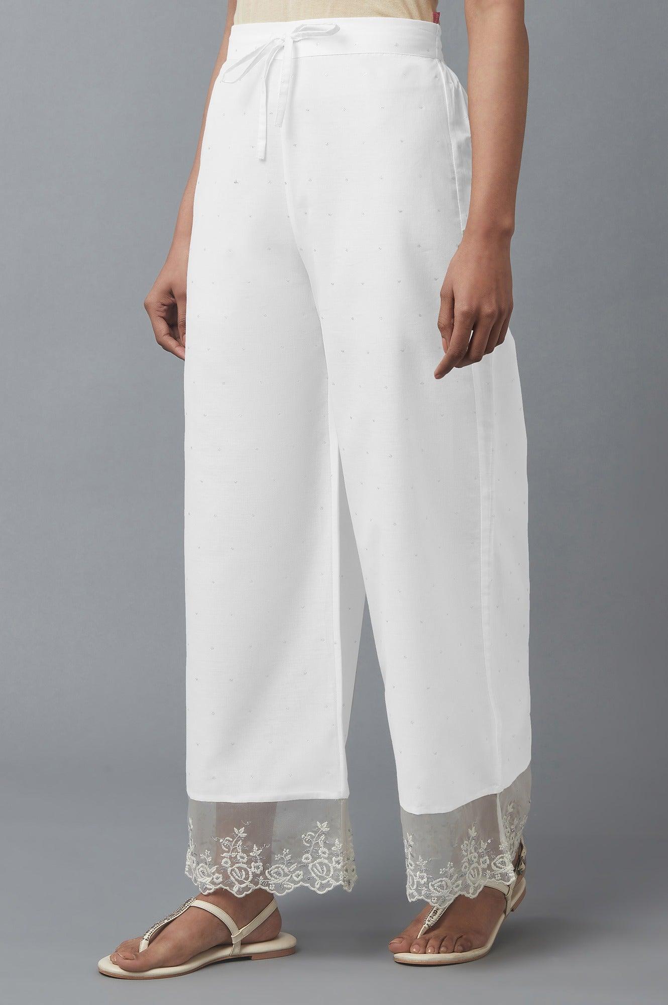 Ecru Parallel Pants with Embroidered Organza Panel - wforwoman