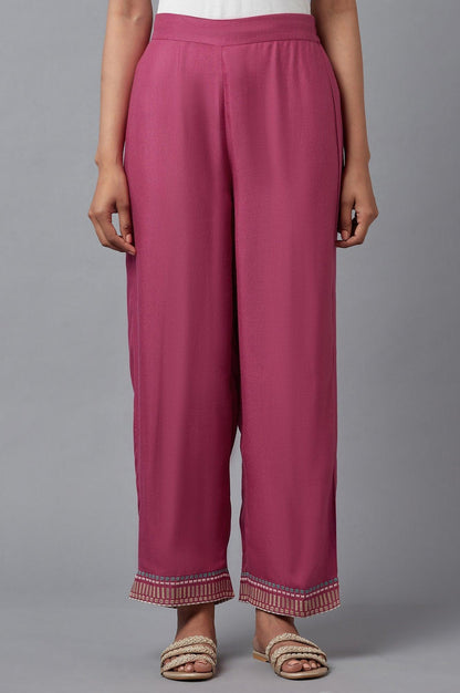 Pink Solid Slim Pants With Embroidery - wforwoman