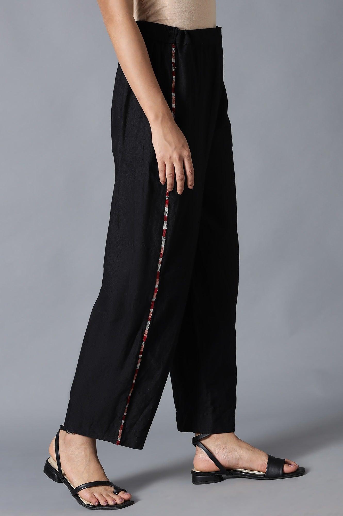 Black Solid Parallel Pants with Embroidery - wforwoman