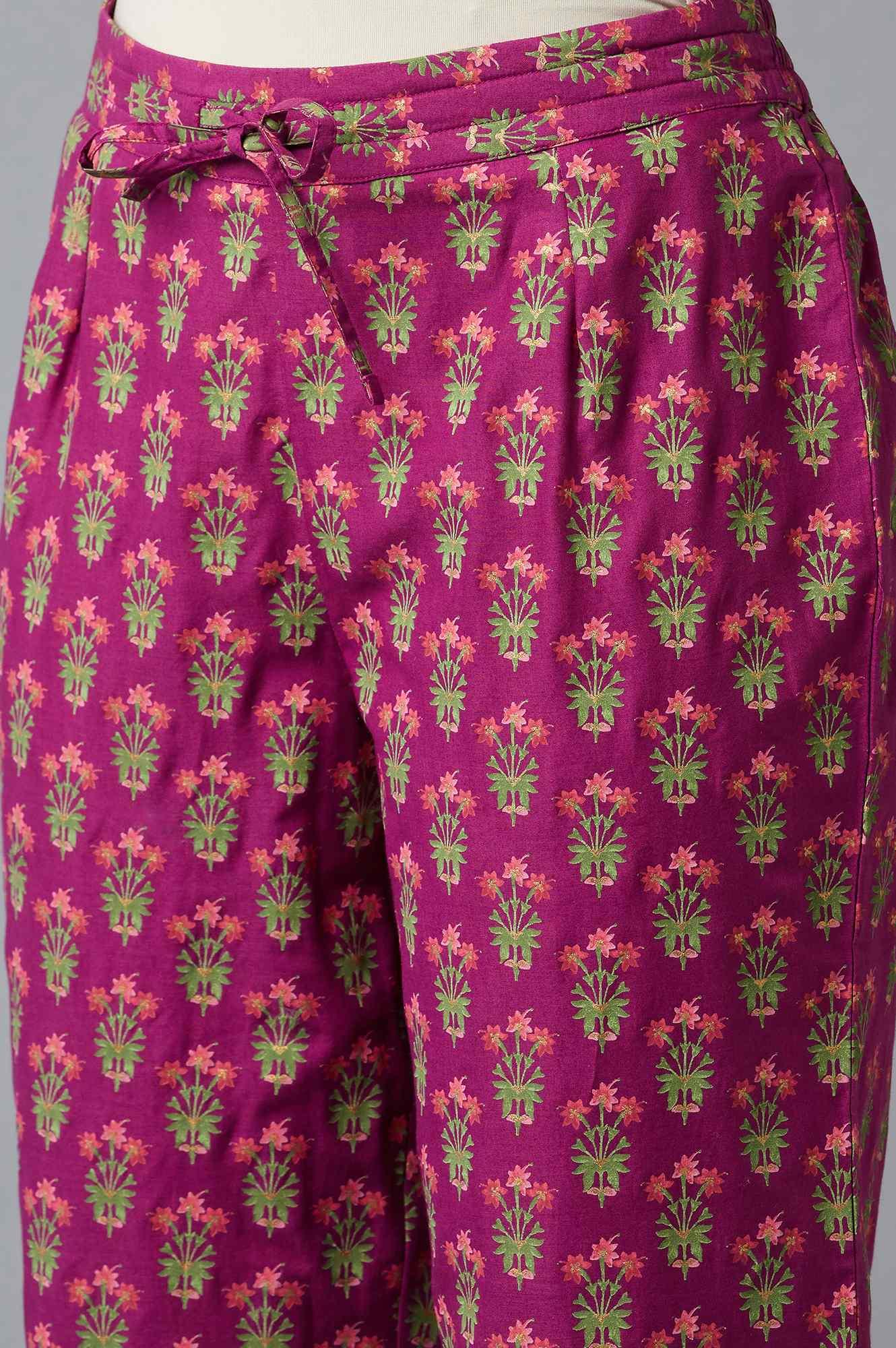 Dark Purple Floral Printed Straight Pants - wforwoman