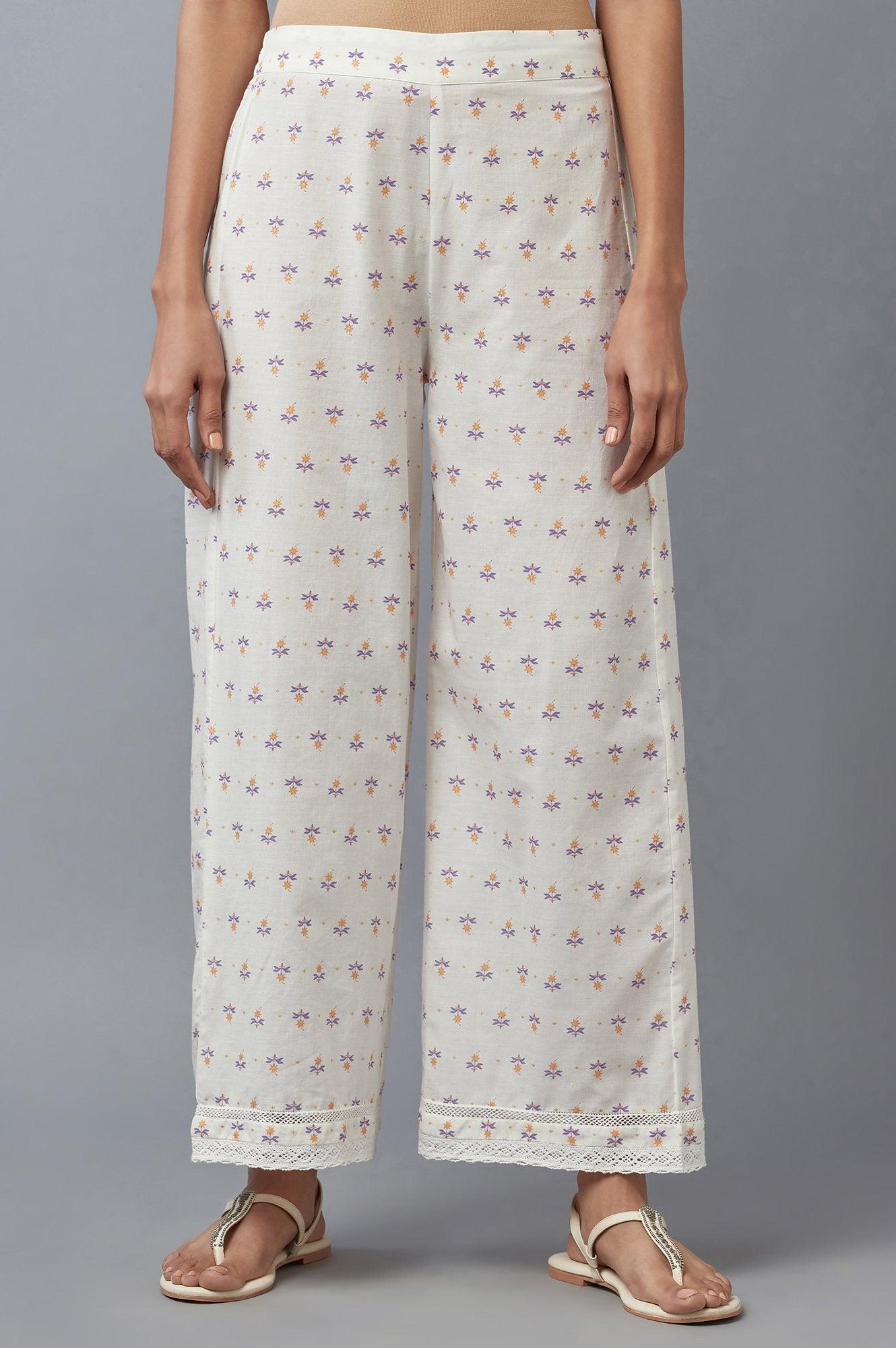 Ecru Floral Printed Parallel Pants with Lace - wforwoman
