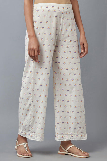 Ecru Floral Printed Parallel Pants with Lace - wforwoman