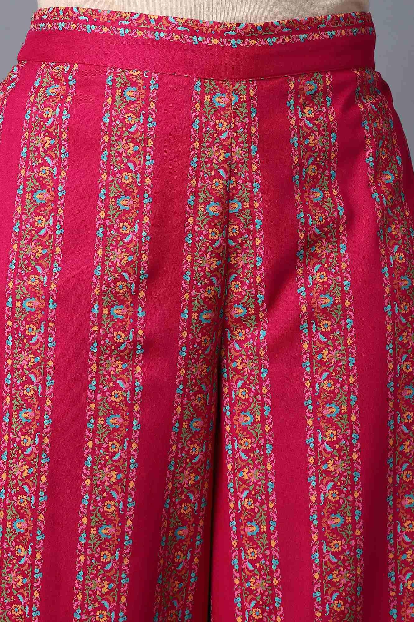 Dark Pink Floral Printed Parallel Pants - wforwoman
