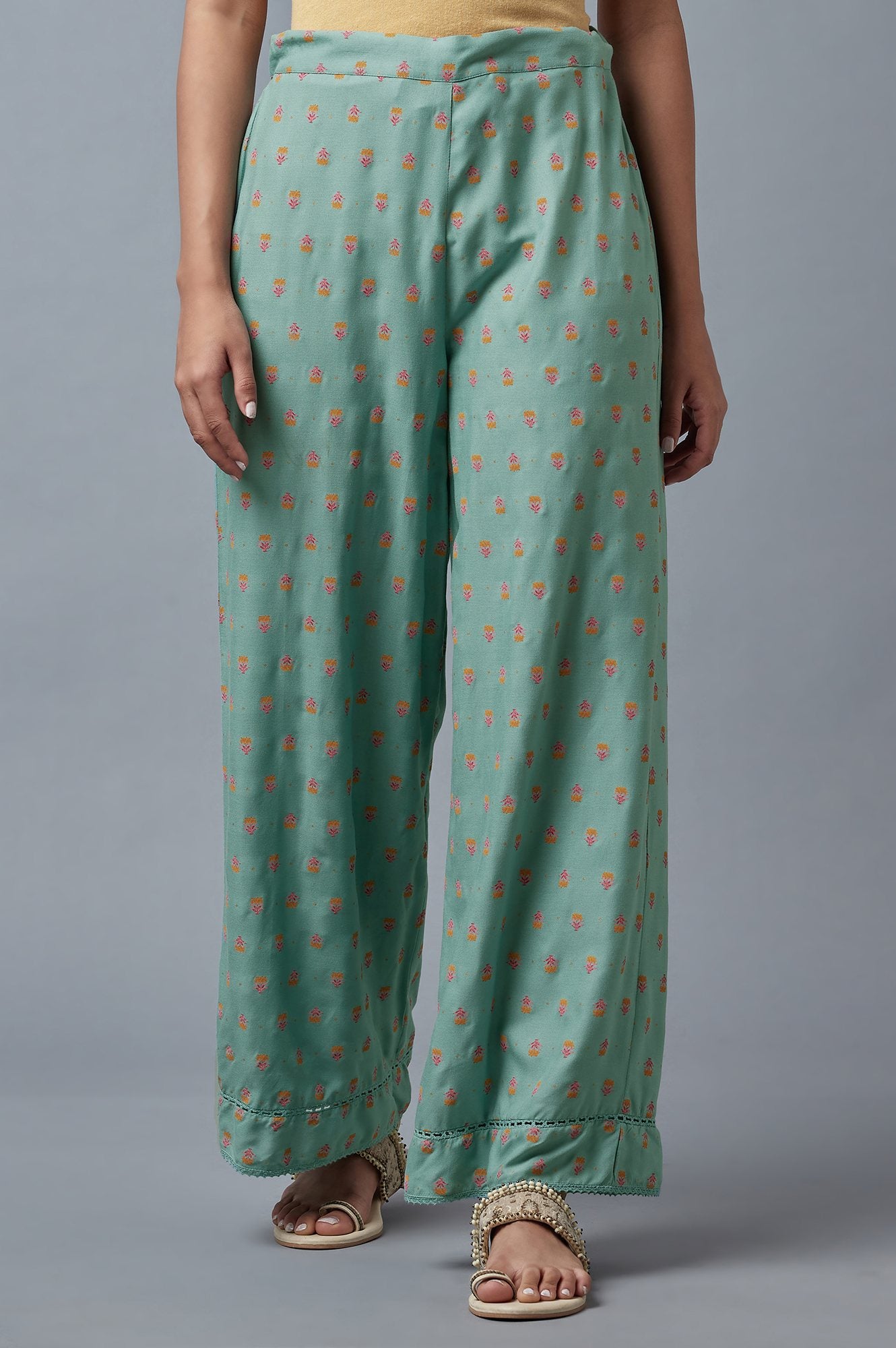 Aqua Blue Floral Printed Parallel Pants