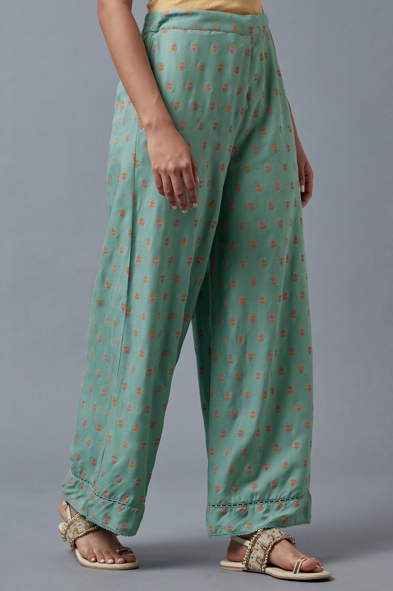 Aqua Blue Floral Printed Parallel Pants