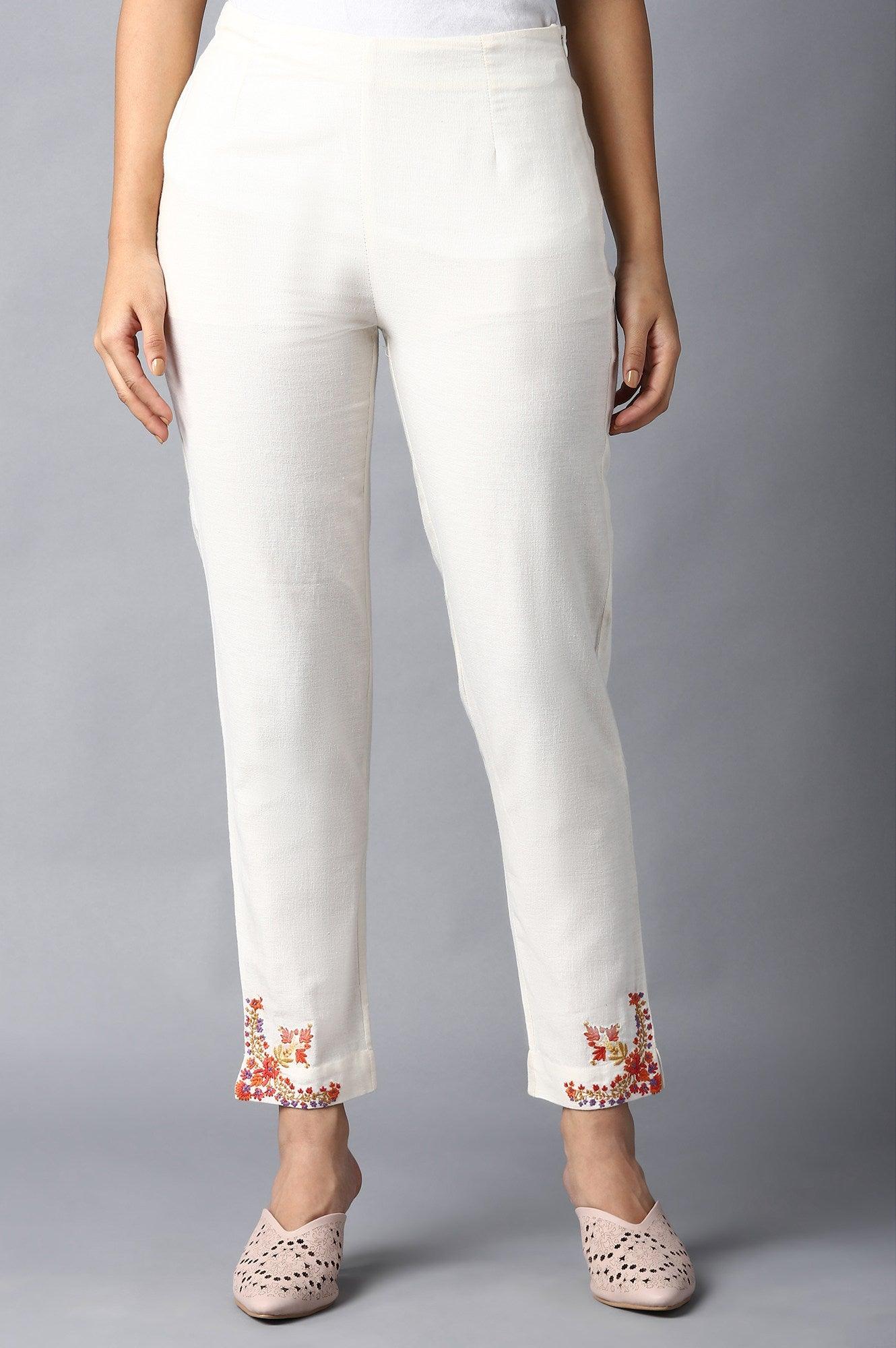 Ecru Solid Slim Pants With Thread Embroidery - wforwoman