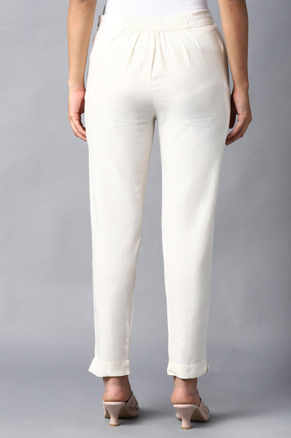 Ecru Solid Slim Pants With Thread Embroidery - wforwoman