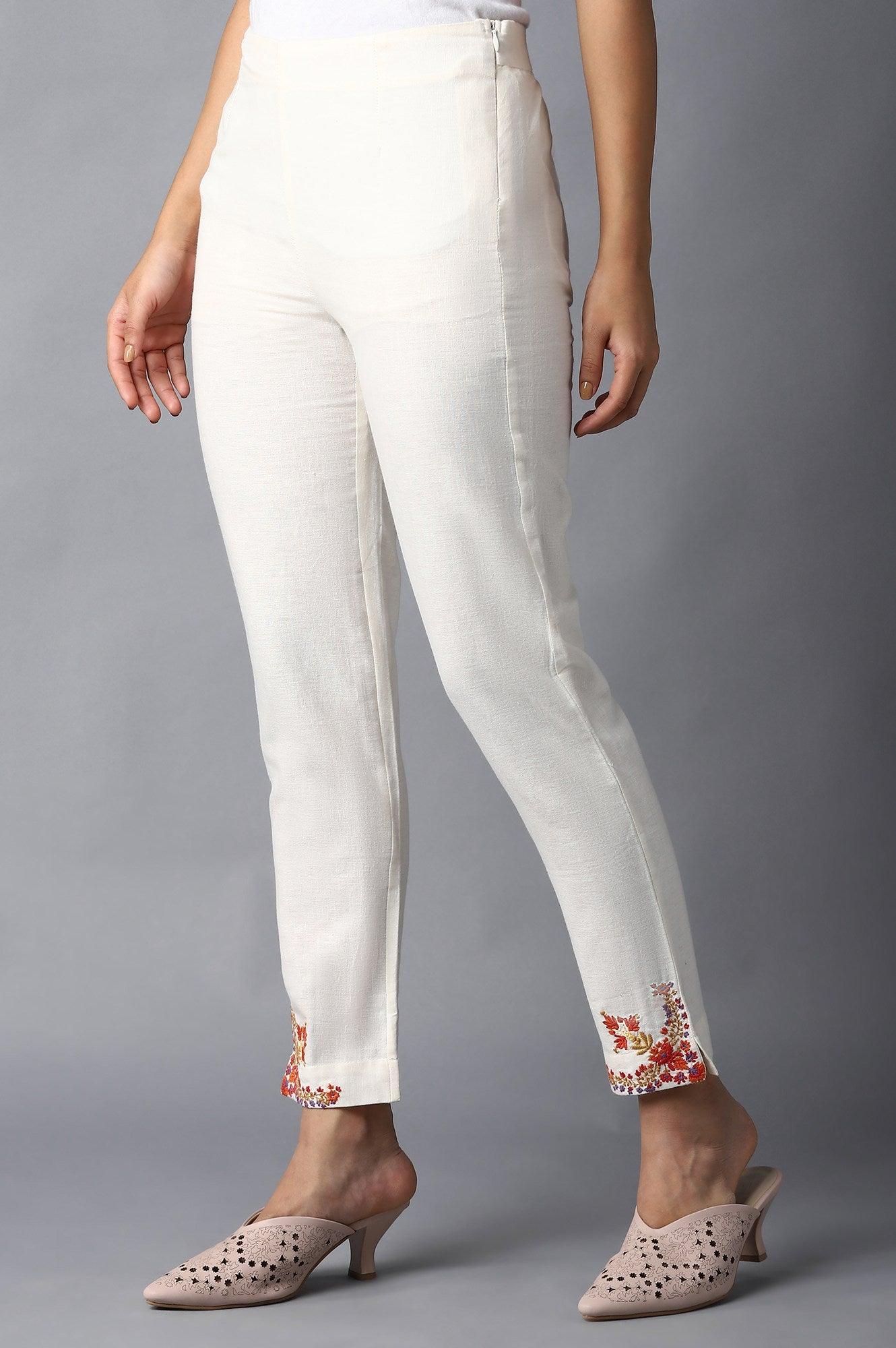 Ecru Solid Slim Pants With Thread Embroidery - wforwoman