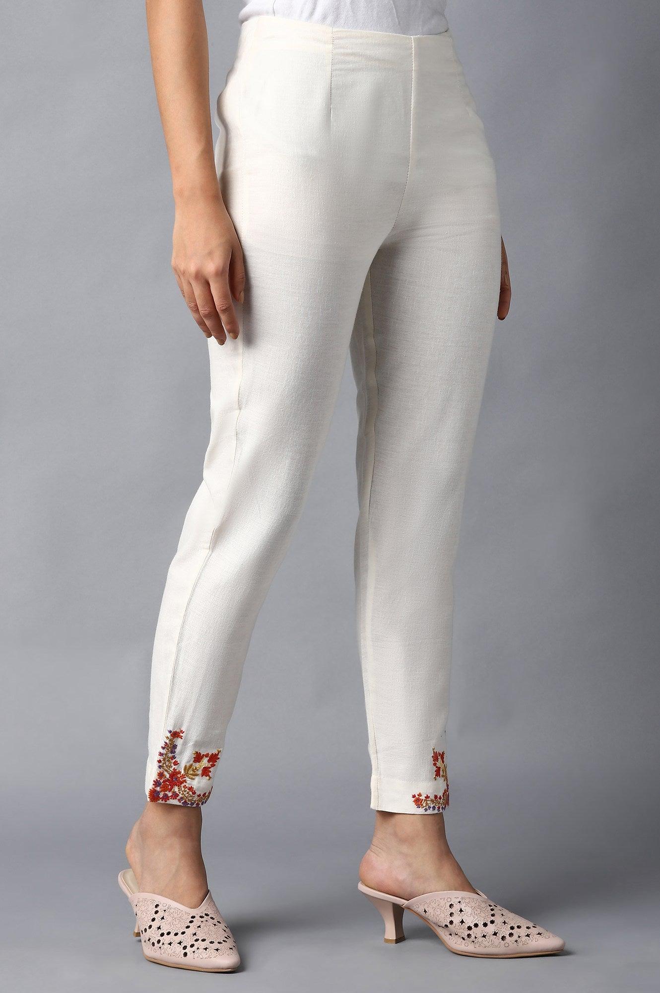 Ecru Solid Slim Pants With Thread Embroidery - wforwoman