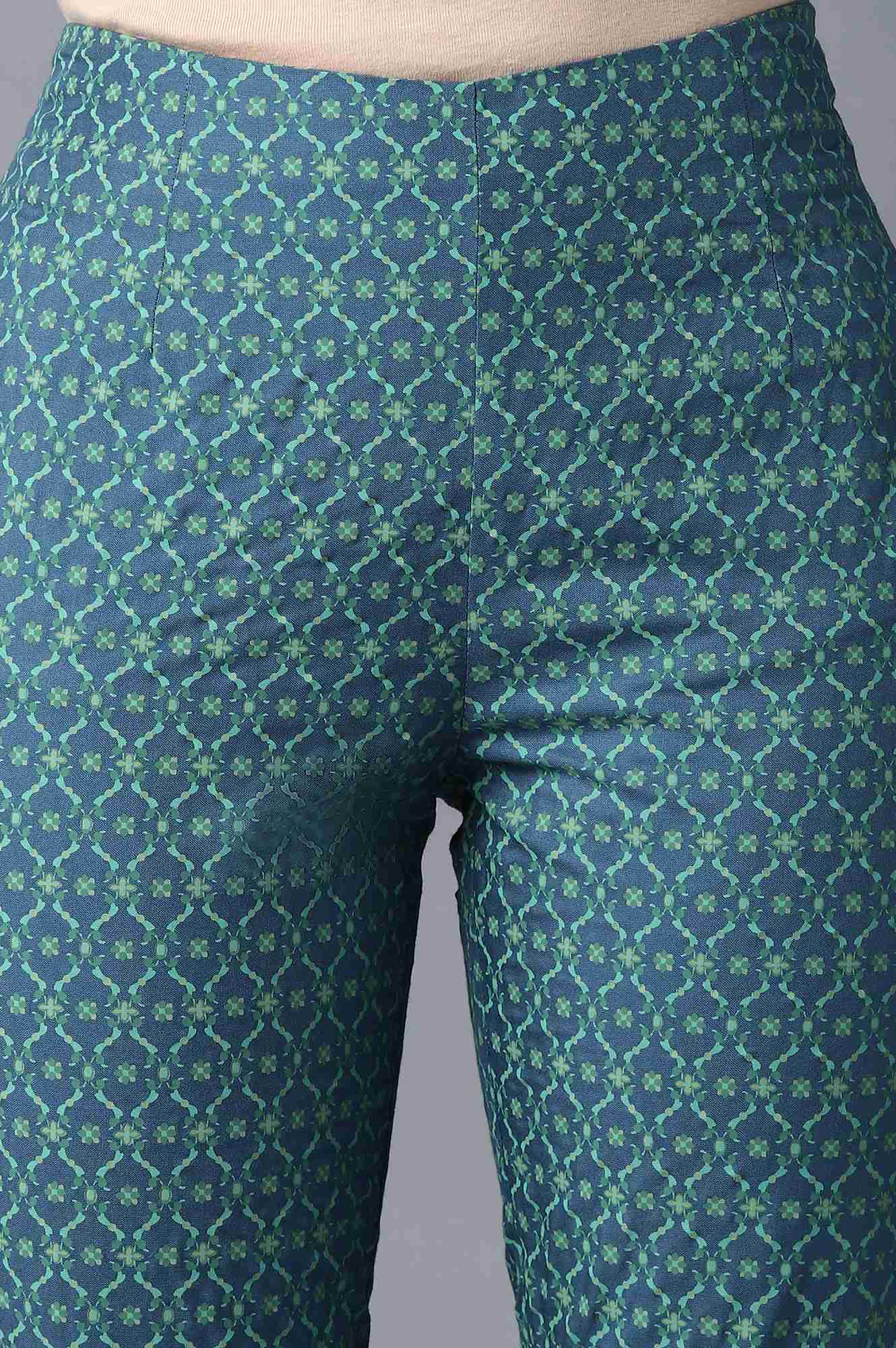Deep Teal Printed Slim Pants With Thread Embroidery