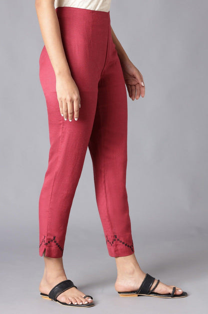 Dark Red Solid Slim Pants With Embroidery - wforwoman