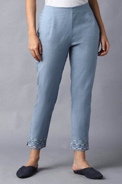 Blue Cotton Flax Solid Slim Pants