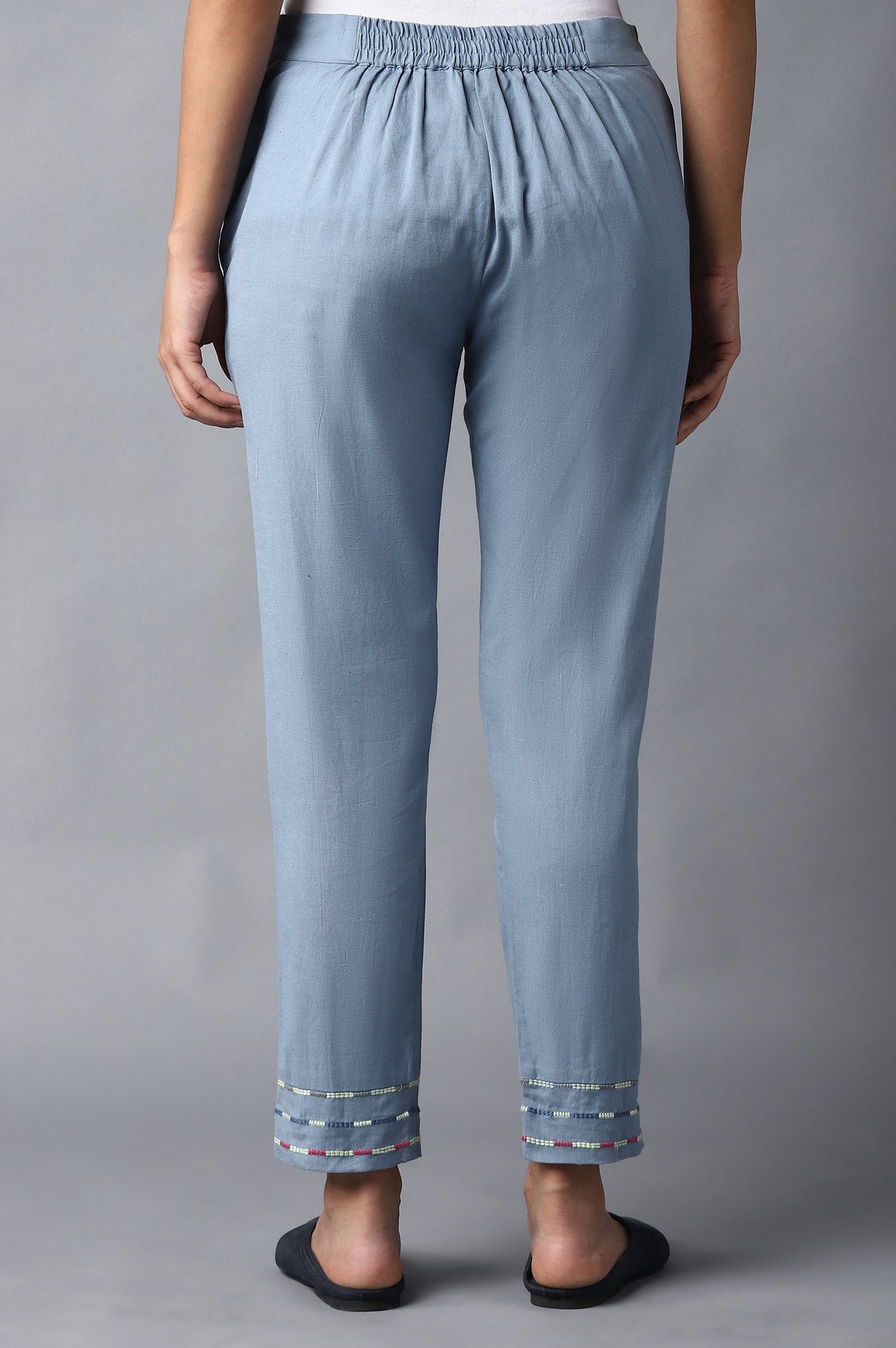 Blue Cotton Flax Solid Slim Pants