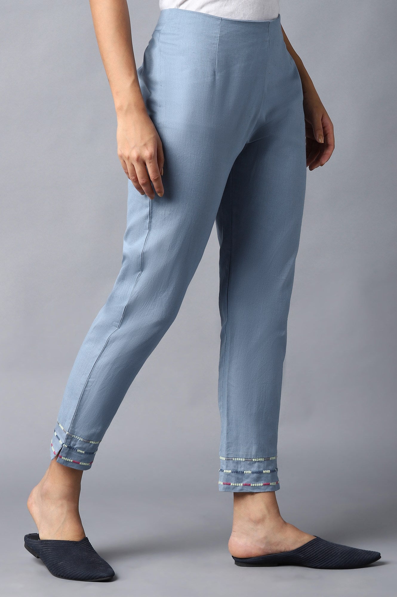 Blue Cotton Flax Solid Slim Pants