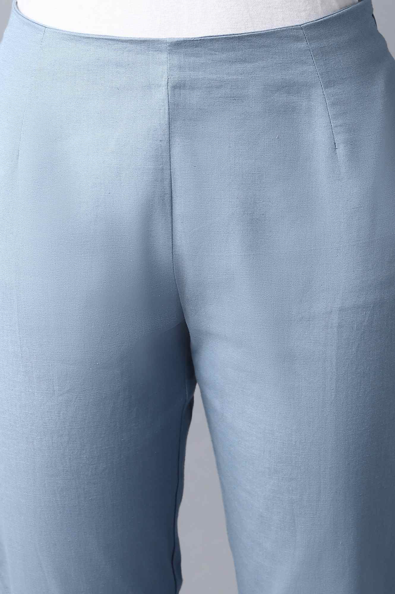 Blue Cotton Flax Solid Slim Pants