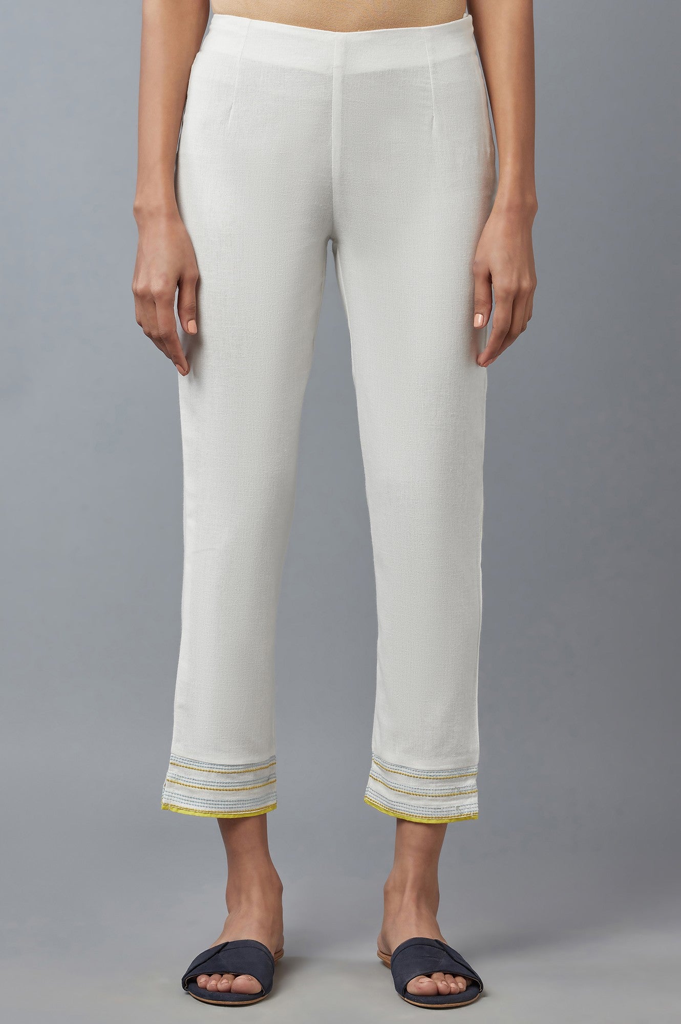 White Cotton Flax Solid Slim Pants