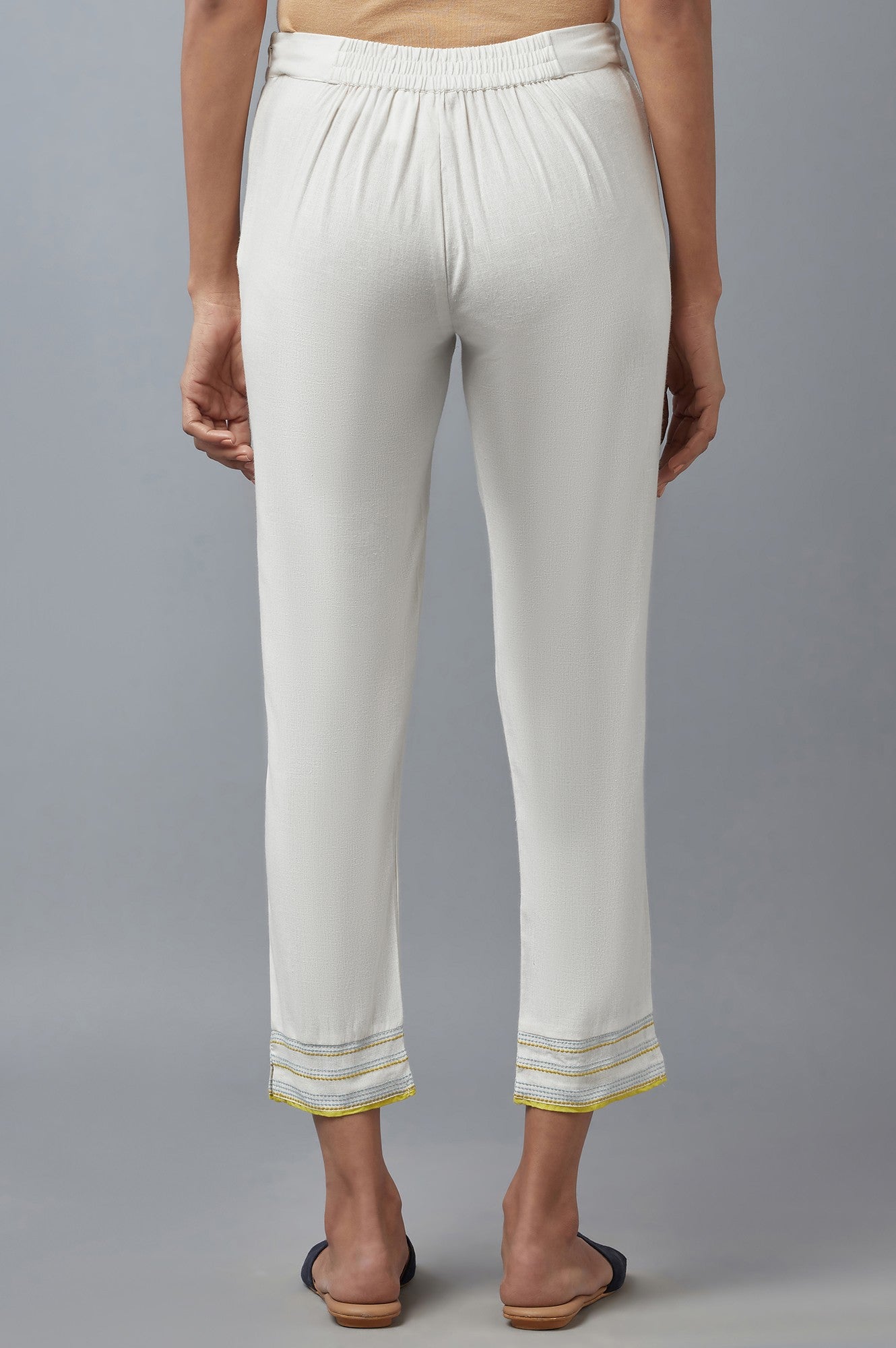 White Cotton Flax Solid Slim Pants