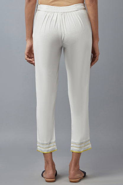 White Cotton Flax Solid Slim Pants