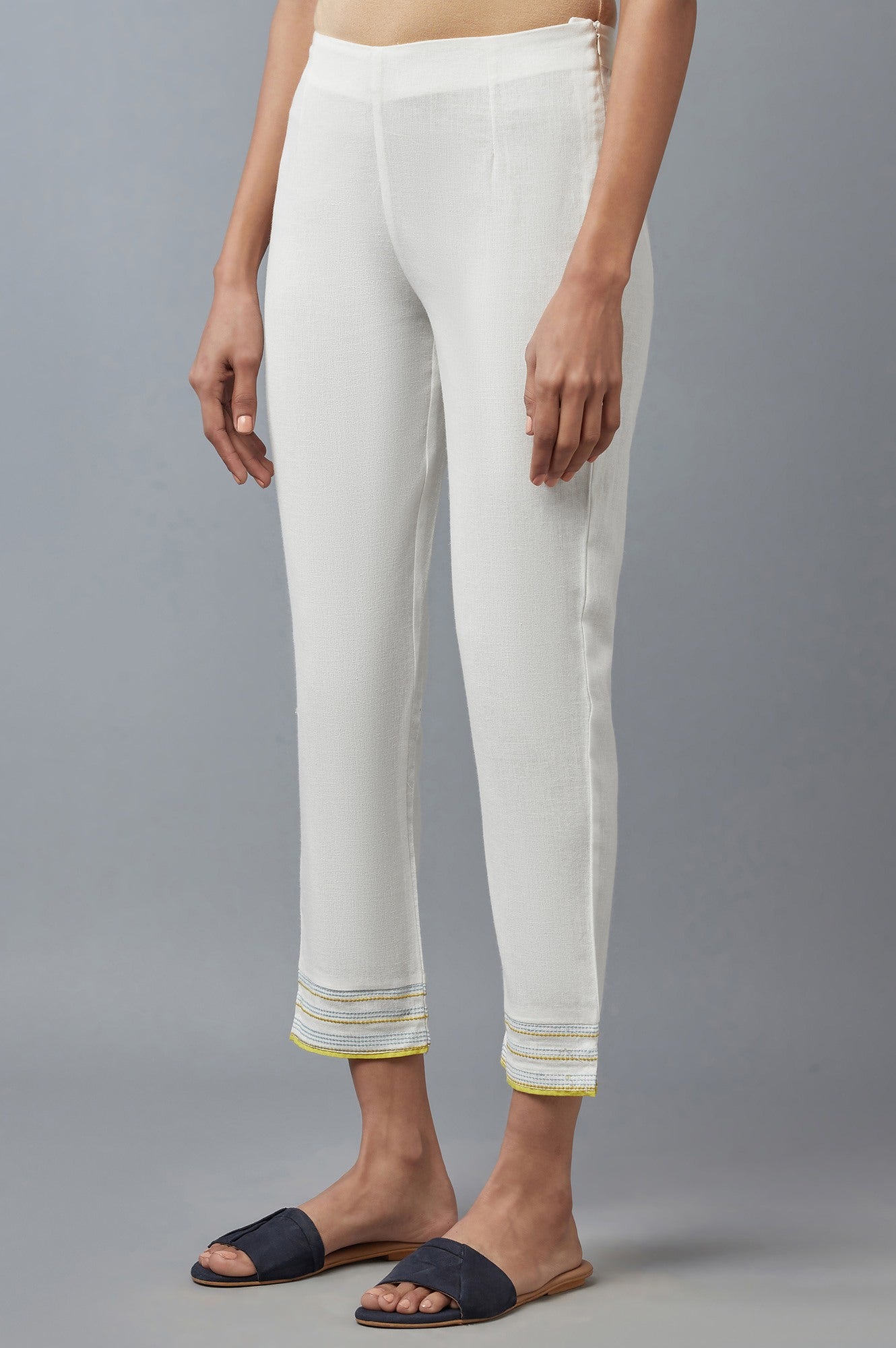 White Cotton Flax Solid Slim Pants