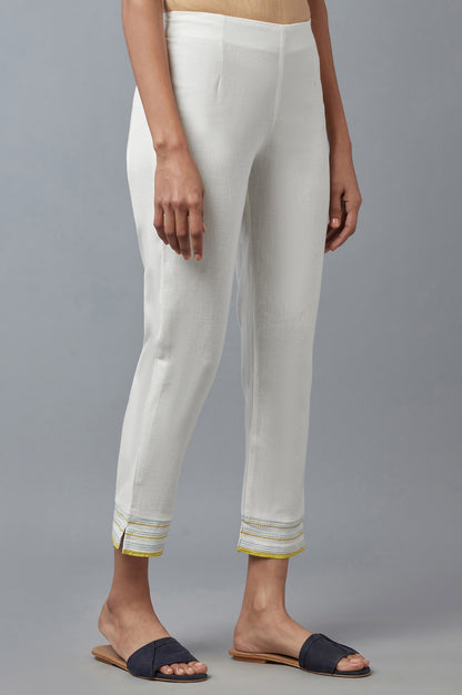 White Cotton Flax Solid Slim Pants