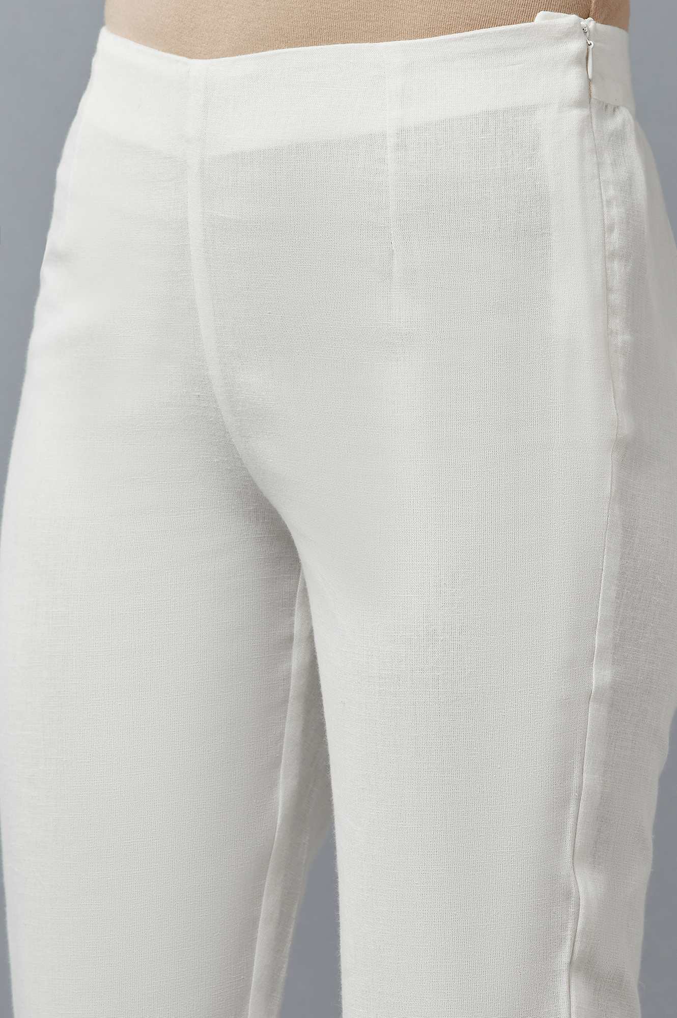 White Cotton Flax Solid Slim Pants