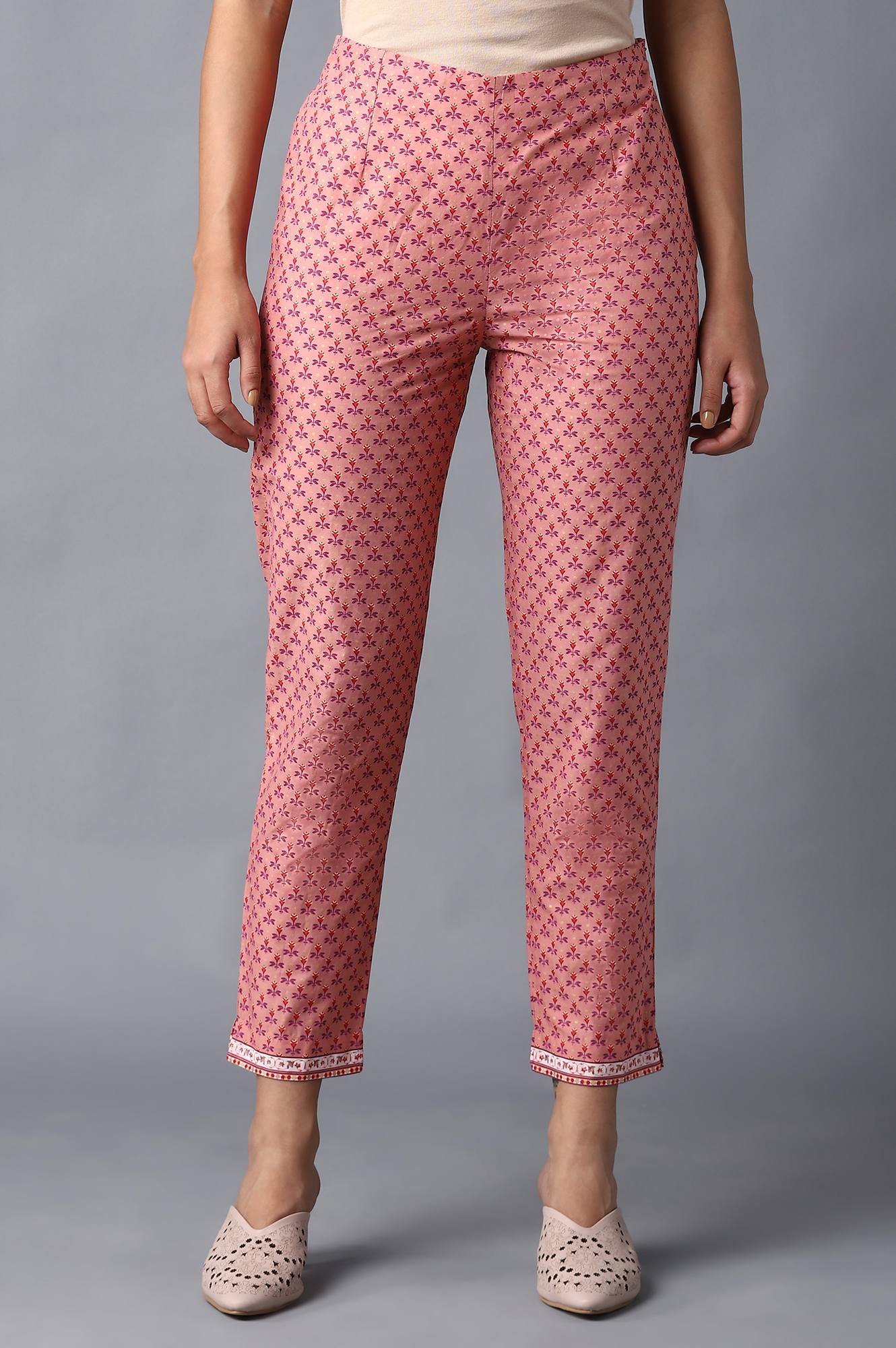 Peach Floral Printed Cotton Slim Pants