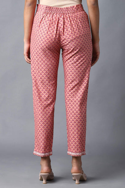 Peach Floral Printed Cotton Slim Pants